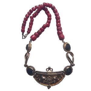 Authentic Vintage Red Coral Beads Necklace Gold Tone Pendant Statament Jewelry